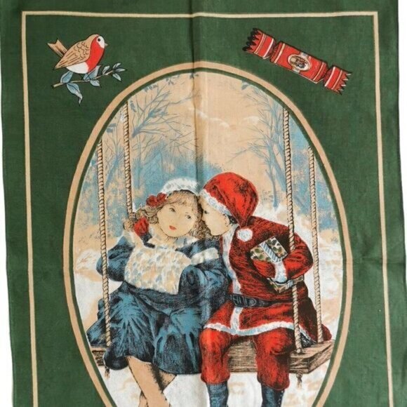 Vintage Christmas Scene Tea Towel, Victorian Children Santa Costume Winter Scene - Picture 1 of 8